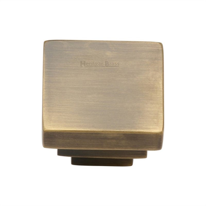 Square Stepped Cabinet Knob - 32mm Antique Brass